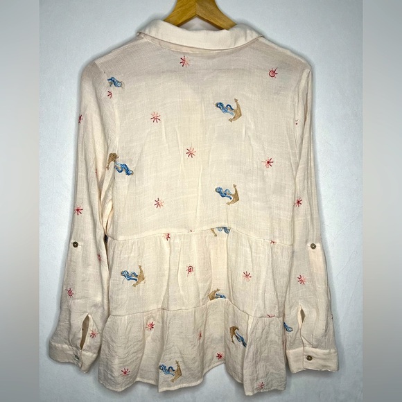Hope Springs Cream Coastal Nautical Shell Button Embroidery Blouse Women Size L - Picture 4 of 4